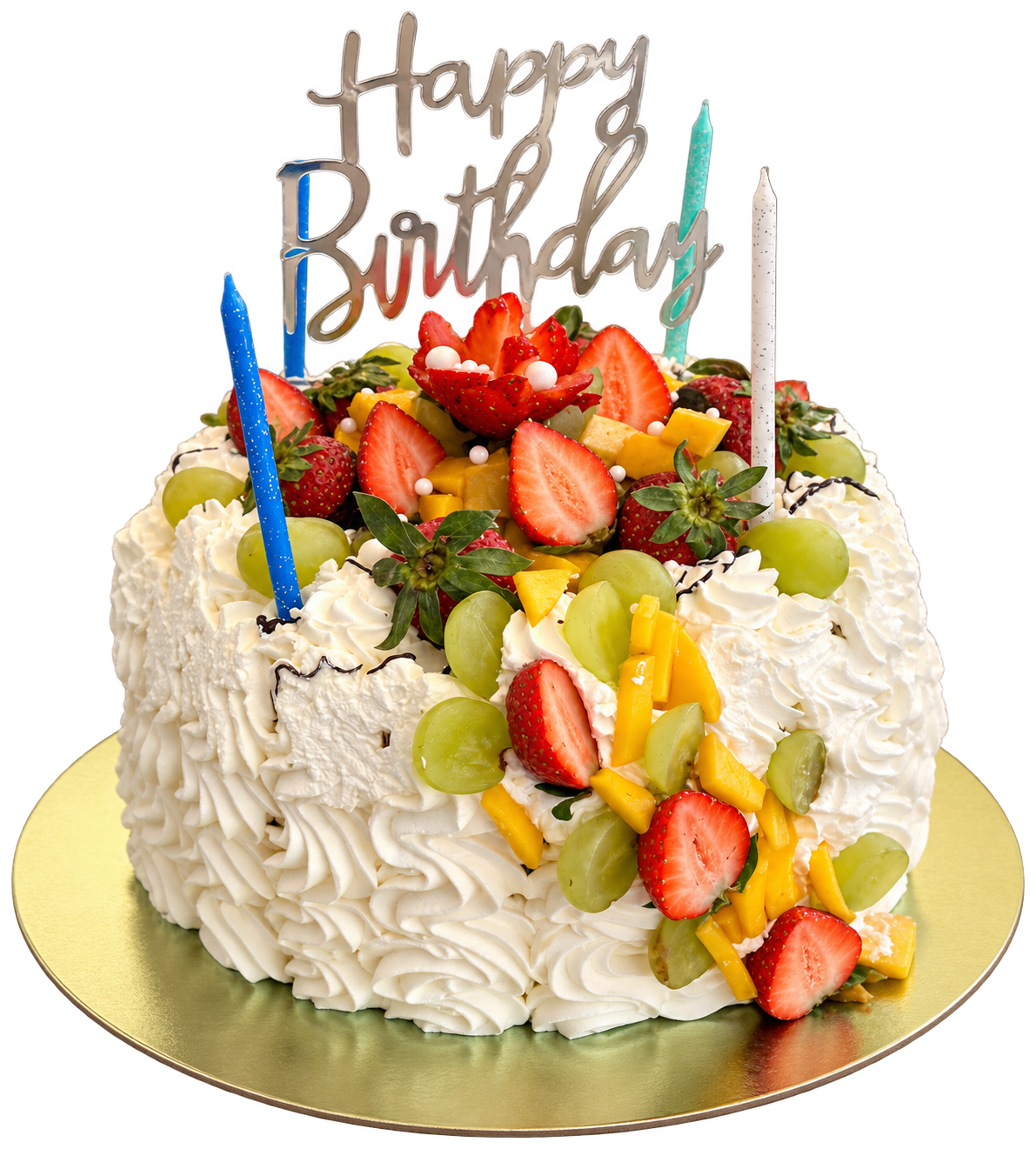 Tarta de cumpleaños con frutas y velas
